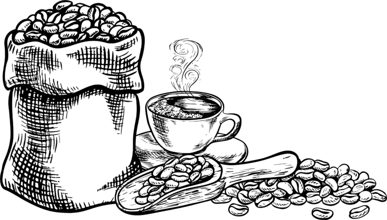 Kaffeebohnen, Tasse, Sack, Schaufel, gezeichnet.